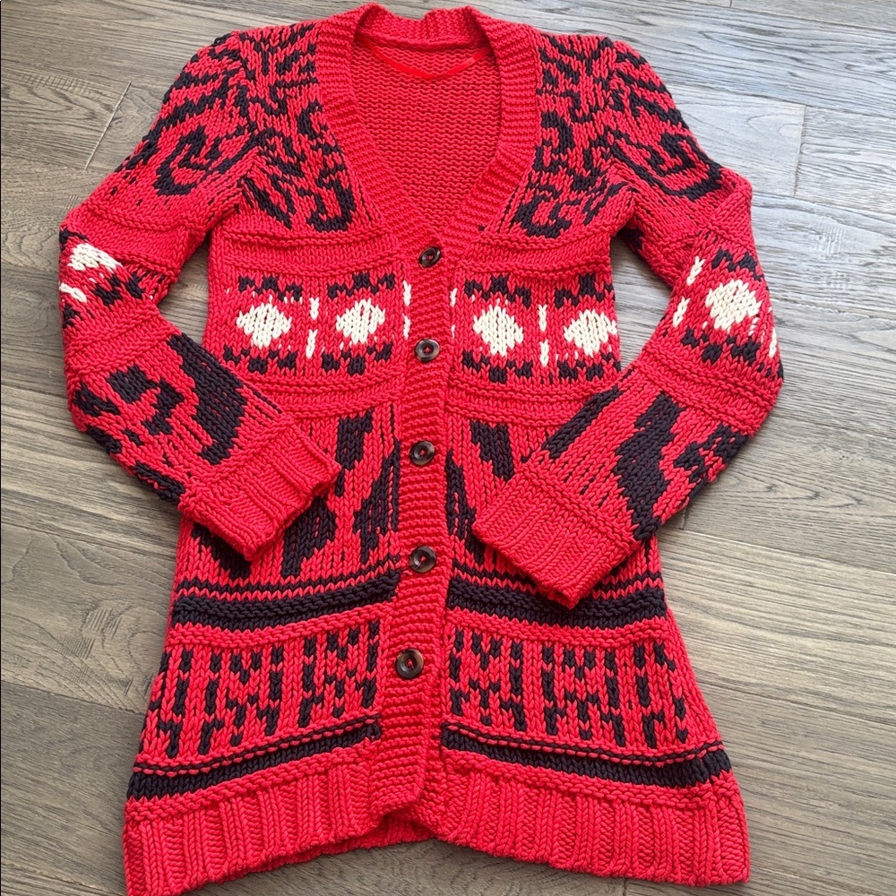 OUI | Red Patterned Knit Duster Button Up Sweater Made in Germany Size 2 - Picture 3 of 11